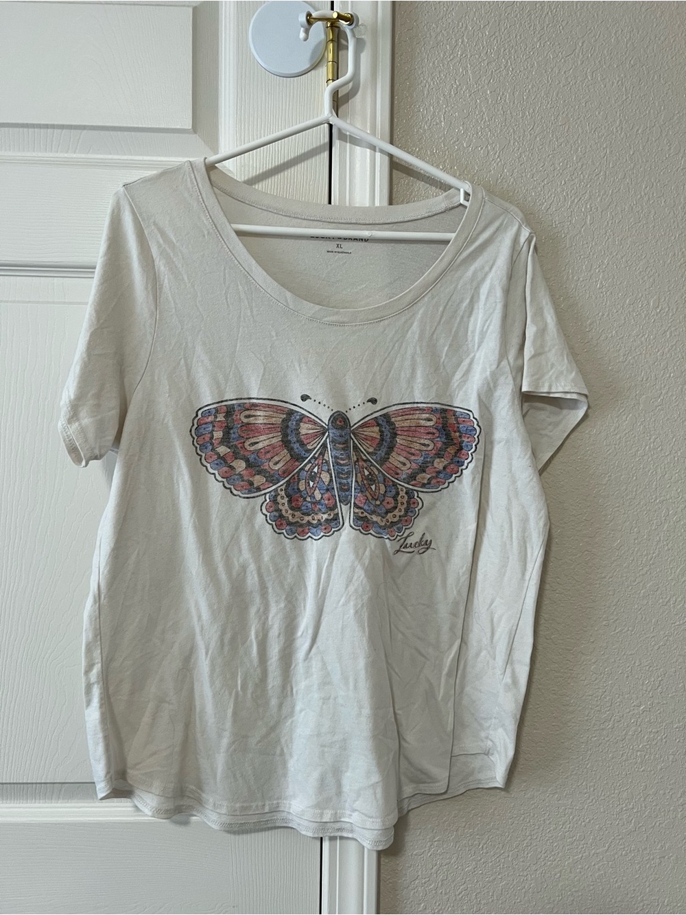 Lucky Brand Butterfly Graphic Tee Ivory Boho T Shirt Size XL